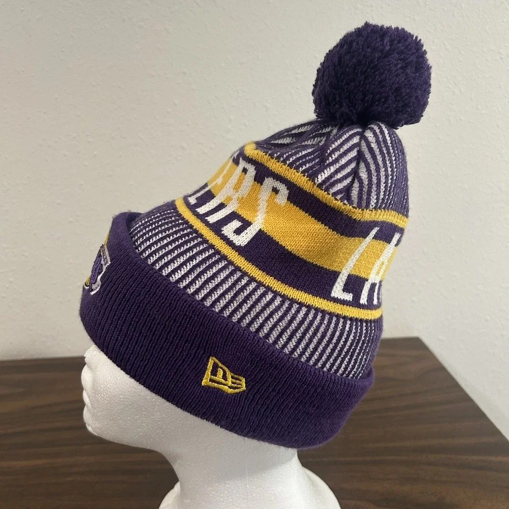 New Era Los Angeles Lakers Beanie Knit Hat Pom Cuffed Purple Gold One Size LA